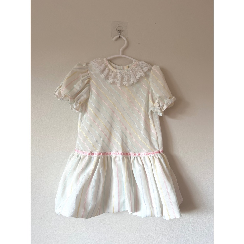 Vintage Roanna Girls Pastel Rainbow Stripe Lace Collar Dress Size 6 Made in USA